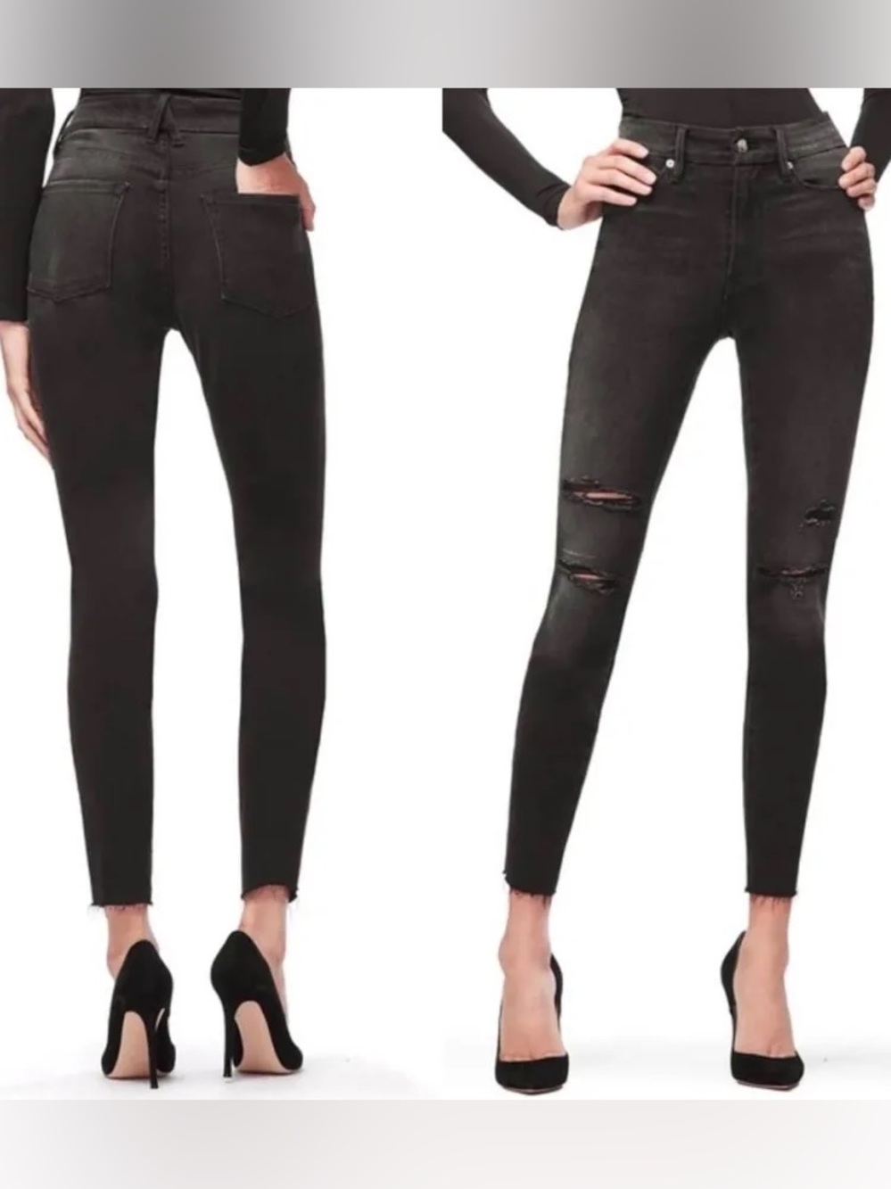 Good American Good Waist Crop Step Hem Black Distressed High Waist Jean sz 0/25